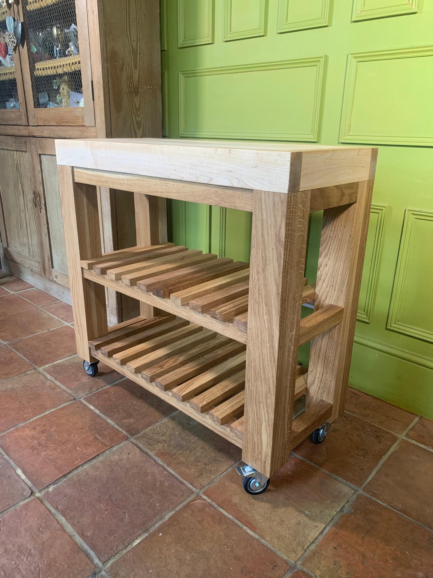 For Barbara: Deposit for the Cottingham Kitchen Island, butchers block, in oak and maple. 1 drawer, 2 shelves, castors.