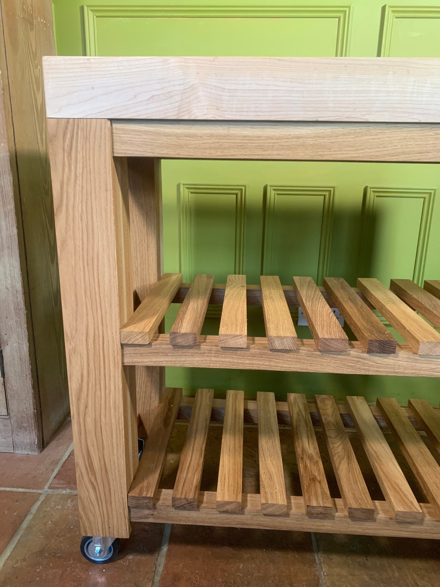 For Barbara: Deposit for the Cottingham Kitchen Island, butchers block, in oak and maple. 1 drawer, 2 shelves, castors.