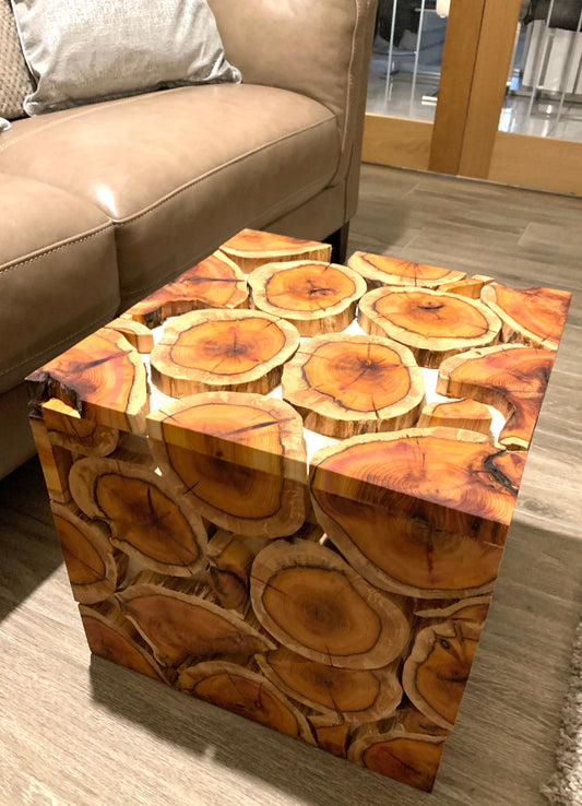Log slice live natural edge coffee table with storage lid and feet. Epoxy resin river option.
