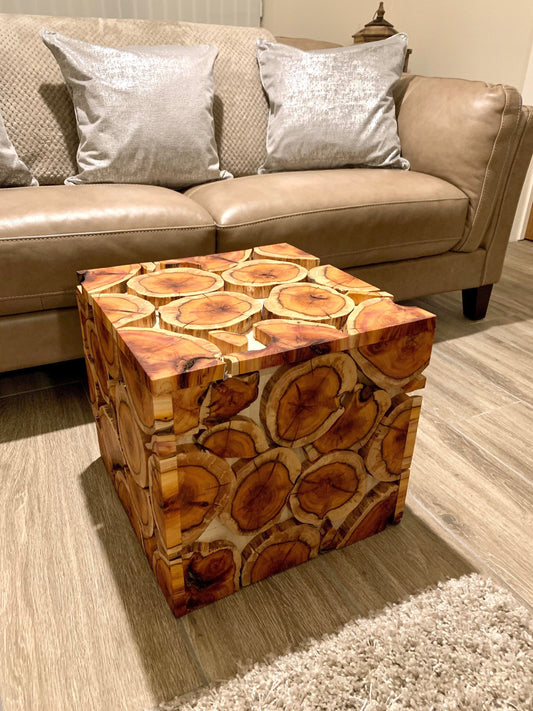 Log slice live natural edge coffee table with storage lid and feet. Epoxy resin river option.