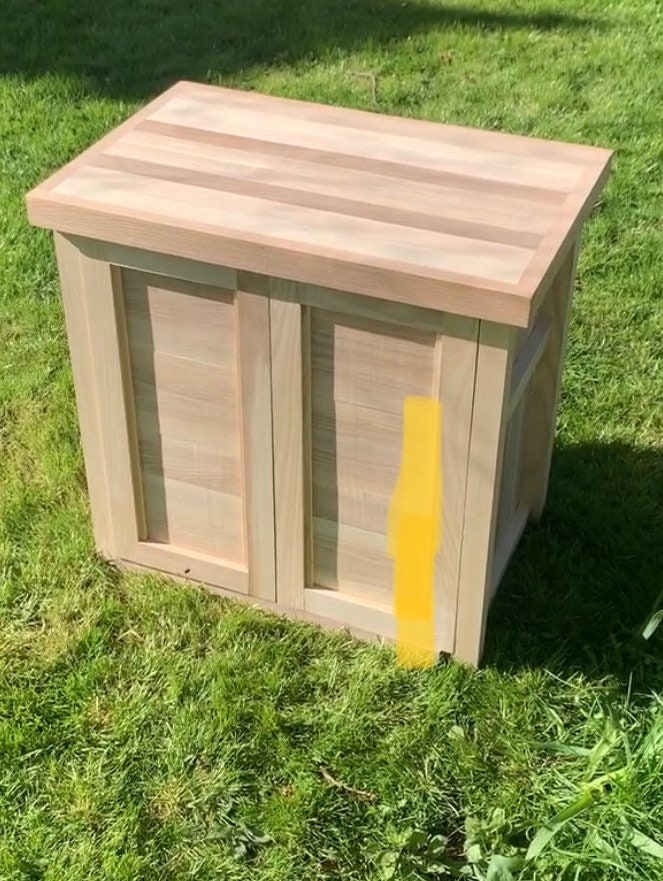 Farmhouse kitchen island with butchers block, cutting or chopping board and storage cupboard