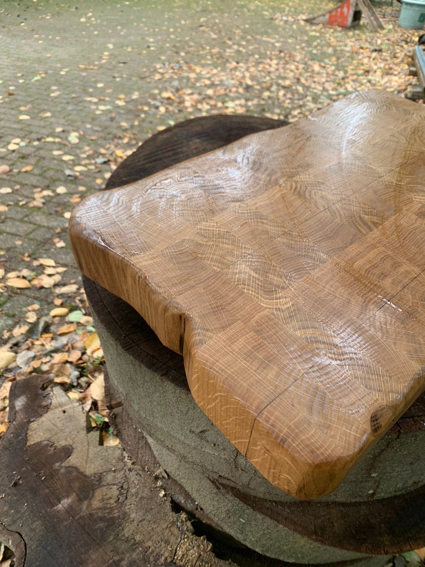 Natural-edge end grain butchers block, oak. Cutting board, charcuterie board, chopping board, serving platter