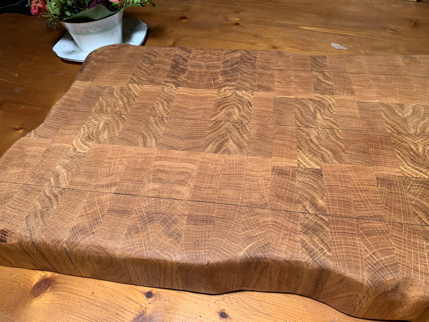 Natural-edge end grain butchers block, oak. Cutting board, charcuterie board, chopping board, serving platter