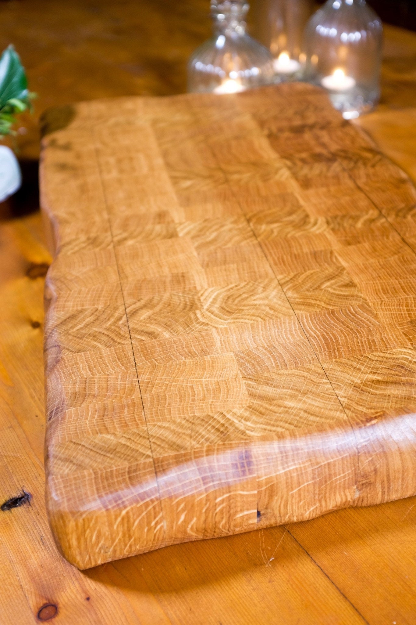 Natural-edge end grain butchers block, oak. Cutting board, charcuterie board, chopping board, serving platter