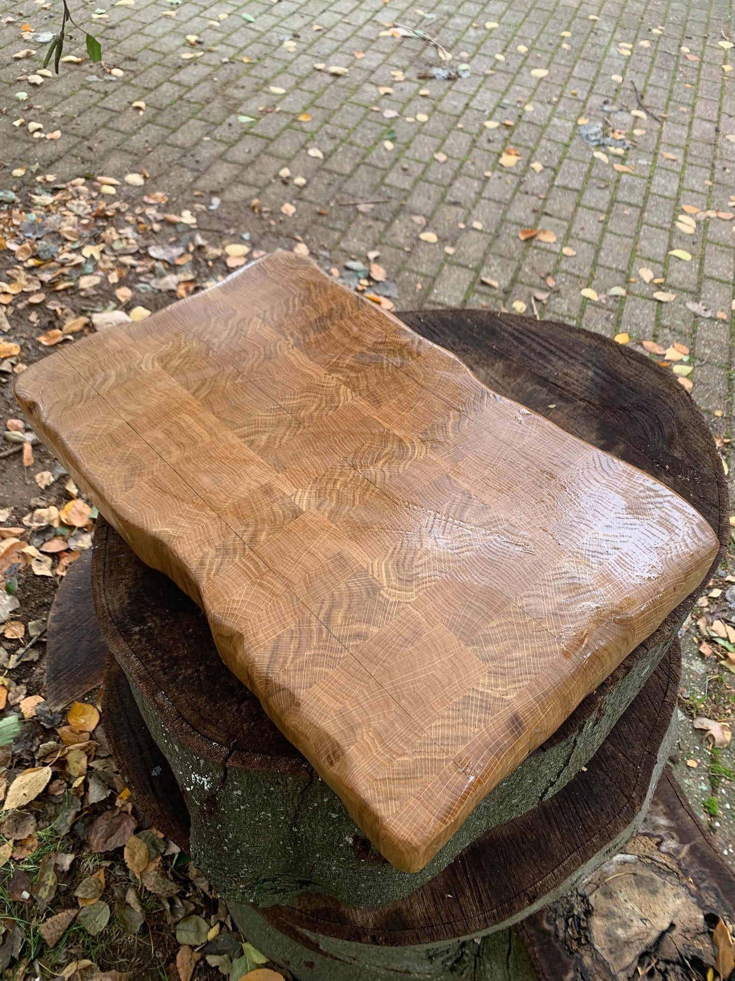 Natural-edge end grain butchers block, oak. Cutting board, charcuterie board, chopping board, serving platter