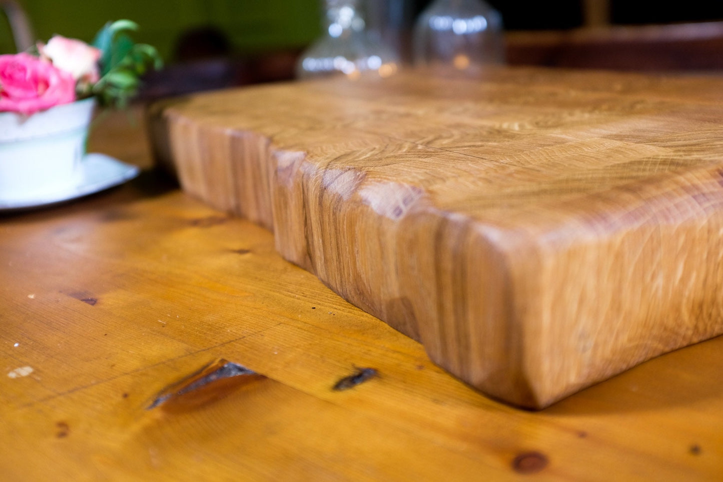 Natural-edge end grain butchers block, oak. Cutting board, charcuterie board, chopping board, serving platter