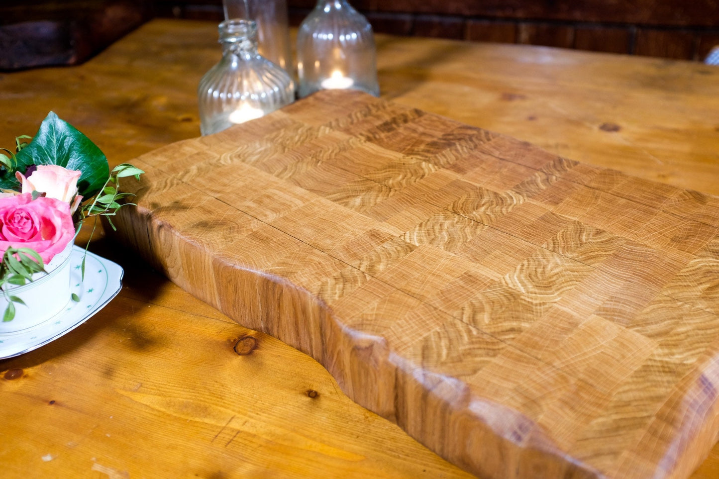 Natural-edge end grain butchers block, oak. Cutting board, charcuterie board, chopping board, serving platter